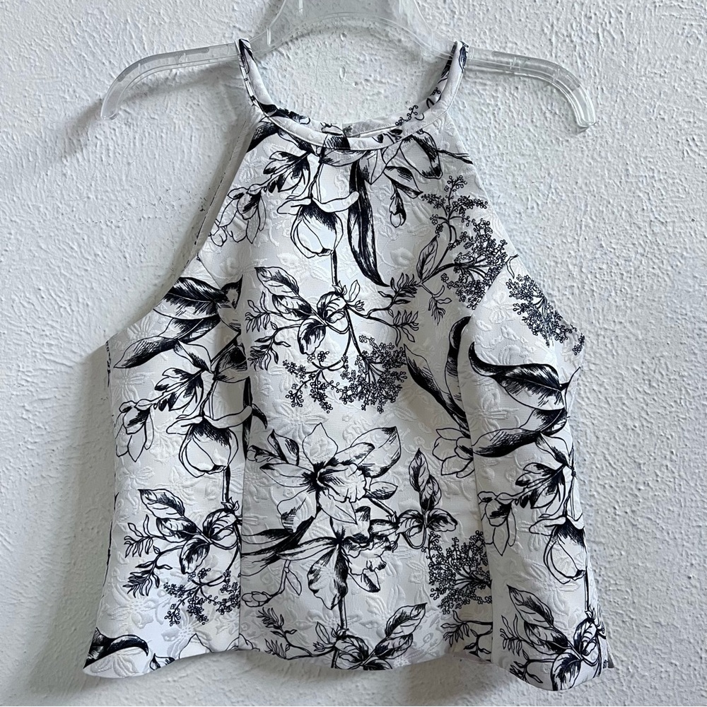 WHBM white black floral halter crop top